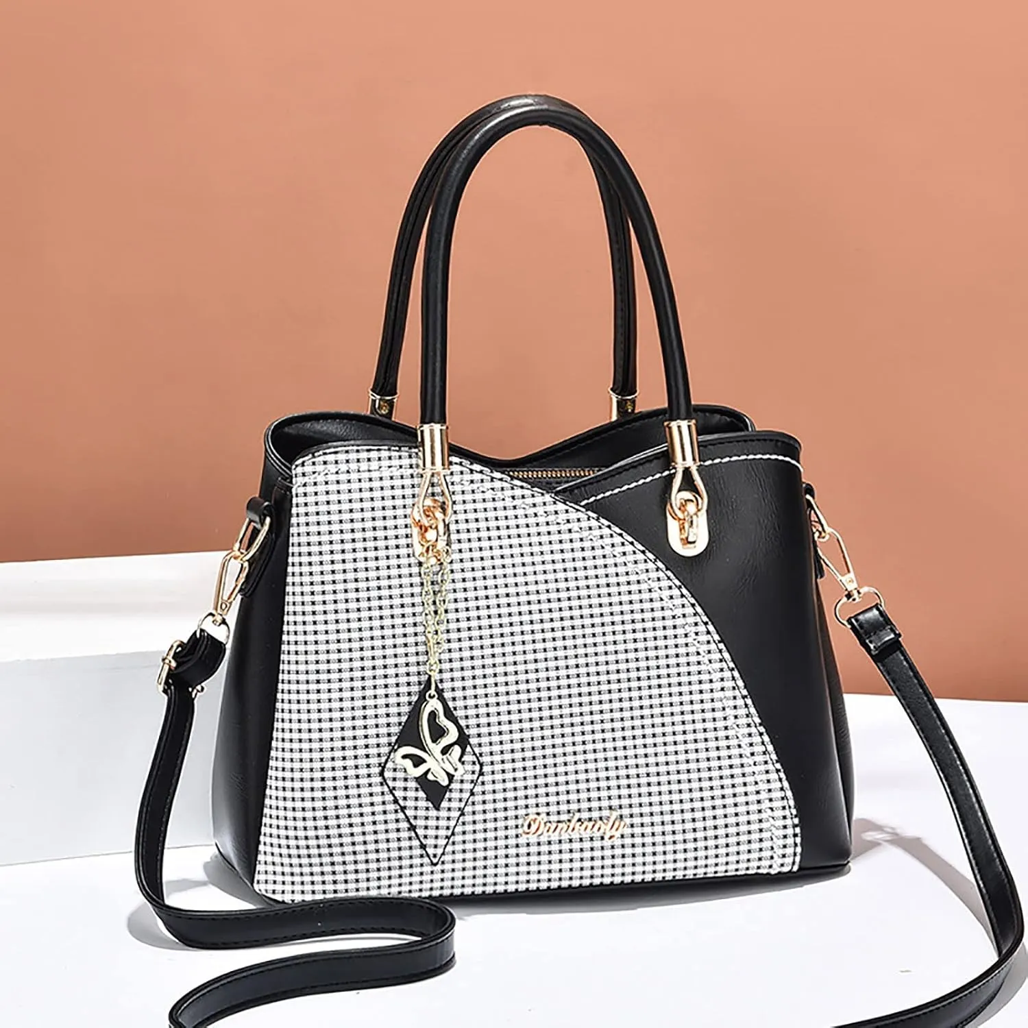 Tote Bag and Wallet Shoulder Women Handbag Large Capacity Plaid Contrast Color Middle One Shoulder Messenger Bag
