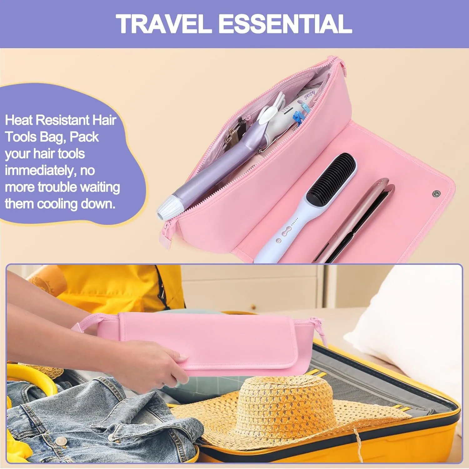 Travel Essentials Neoprene Hair Style Tools Bag w/Heat Resistant Mat for Flat or Curling Irons, Straighteners Accessories, Gifts for Women Mom Daughter Sister Friends for Birthday (Pink)