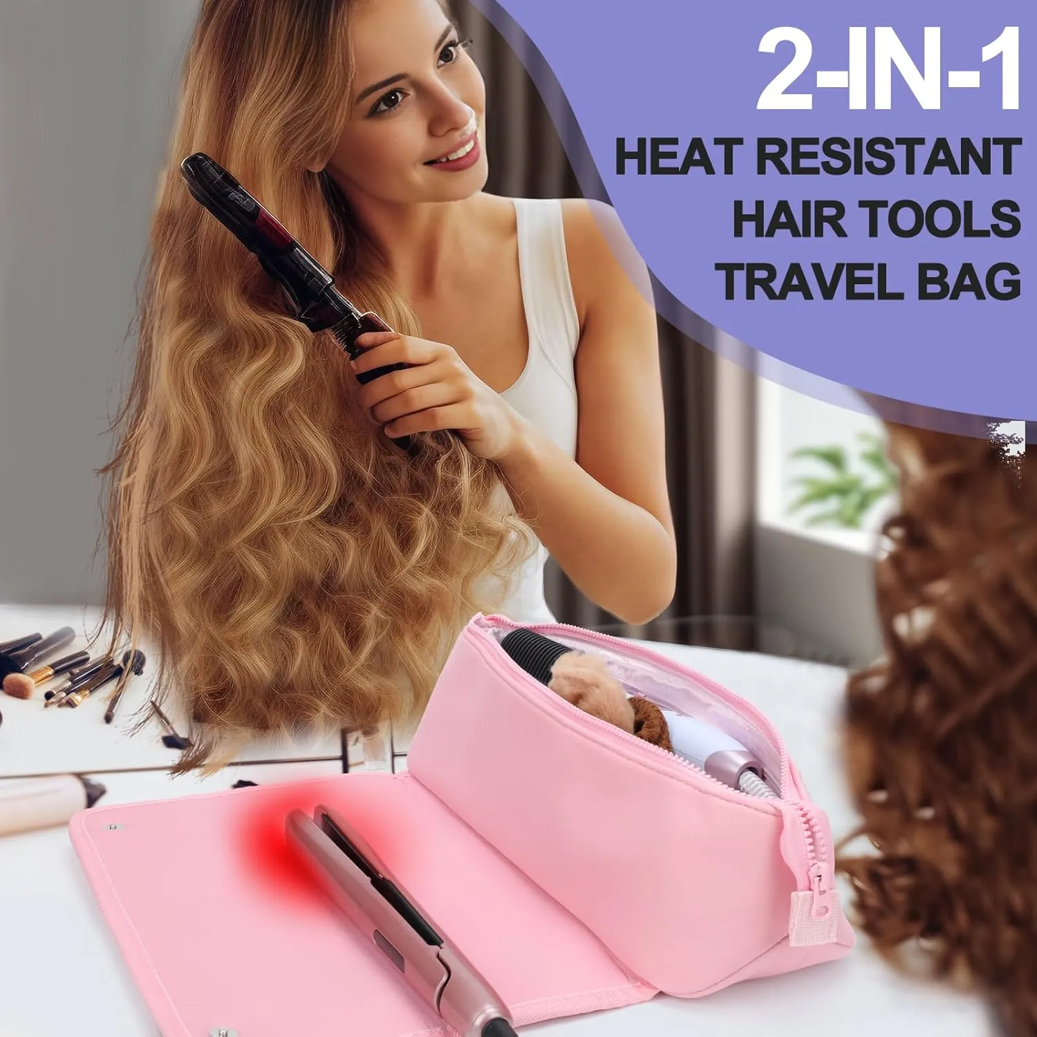 Travel Essentials Neoprene Hair Style Tools Bag w/Heat Resistant Mat for Flat or Curling Irons, Straighteners Accessories, Gifts for Women Mom Daughter Sister Friends for Birthday (Pink)