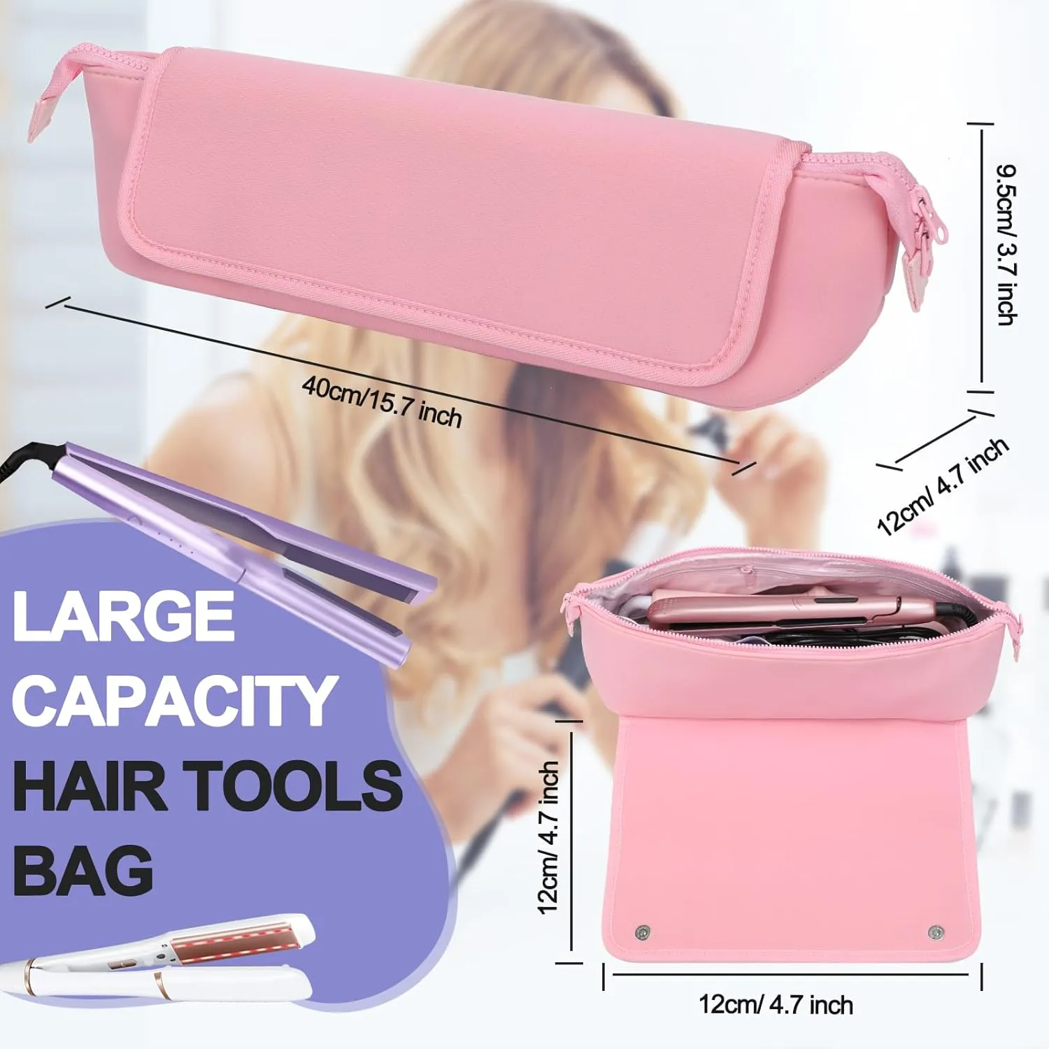 Travel Essentials Neoprene Hair Style Tools Bag w/Heat Resistant Mat for Flat or Curling Irons, Straighteners Accessories, Gifts for Women Mom Daughter Sister Friends for Birthday (Pink)