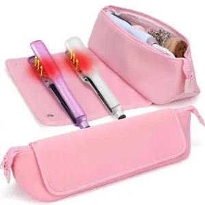Travel Essentials Neoprene Hair Style Tools Bag w/Heat Resistant Mat for Flat or Curling Irons, Straighteners Accessories, Gifts for Women Mom Daughter Sister Friends for Birthday (Pink)