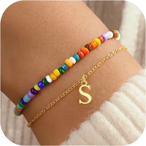 Turandoss Colorful Beaded Initial Bracelets for Teen Girls Women Gifts - 18K Gold Plated Cute Initial Bracelets for Girls Jewelry Teen Girl Gifts Trendy Stuff Birthday Gifts for Girls