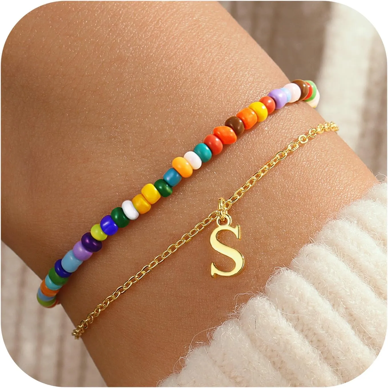 Turandoss Colorful Beaded Initial Bracelets for Teen Girls Women Gifts - 18K Gold Plated Cute Initial Bracelets for Girls Jewelry Teen Girl Gifts Trendy Stuff Birthday Gifts for Girls
