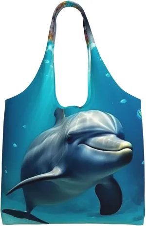 Underwater World Dolphin Canvas Tote Bag Aesthetic Large Shoulder Bags Reusable Shopping Bags for Women Grocery Bag Purse
