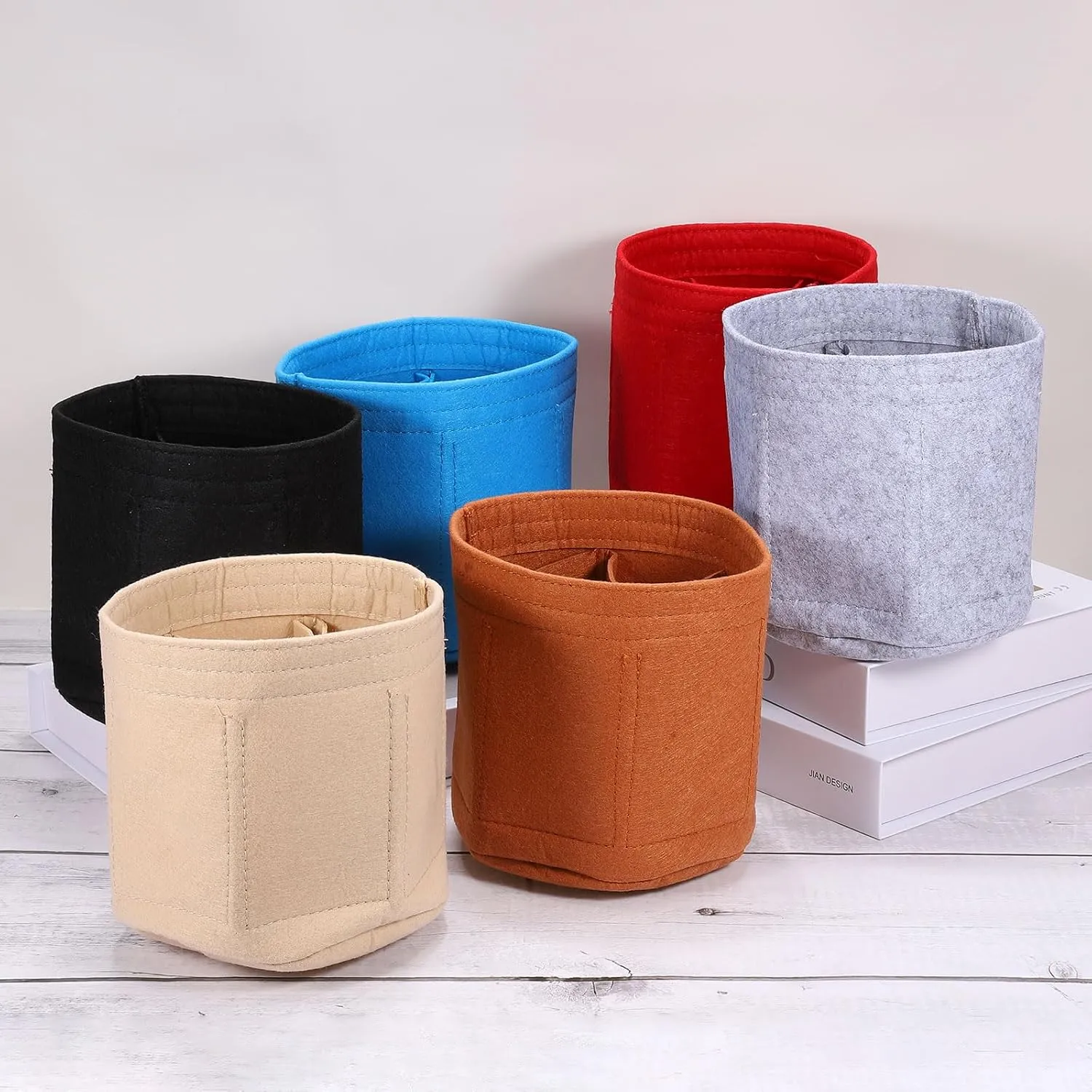 uxcell Purse Organizer Insert, Portable Felt Organizer Bags Round Multiple Compartments Purse Liner for Bucket Bag, Domed Satchel, Tote Bag, Handbag Shaper (8" x 4" x 5.5", Beige)