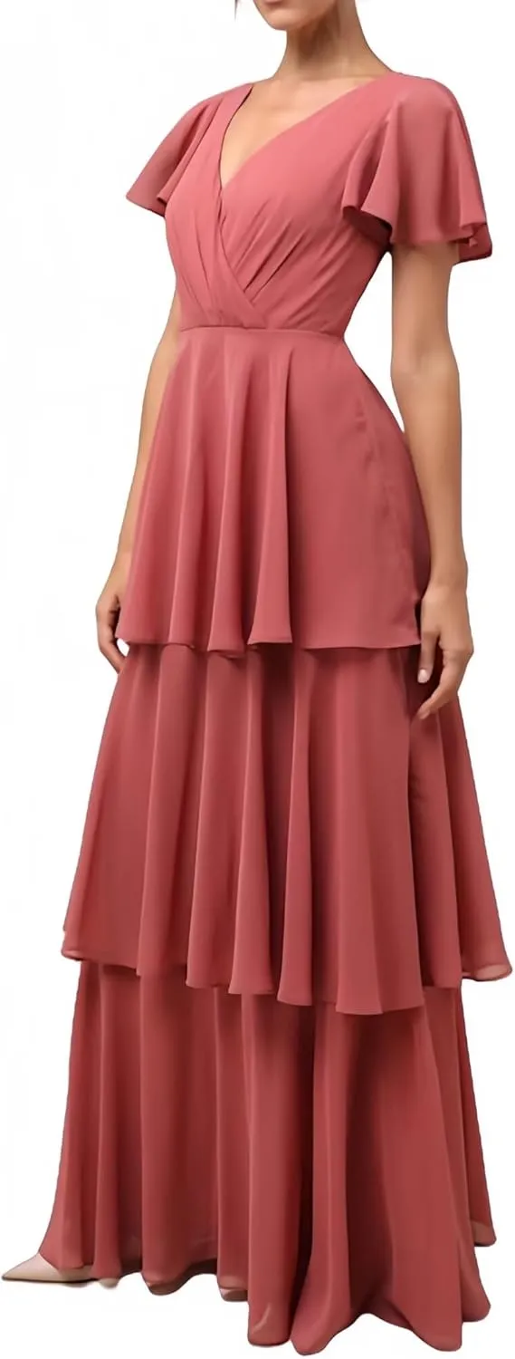 V Neck Flutter Sleeves Bridesmaid Dresses with Ruffle Tiered Chiffon A Line Long Formal Evening Dress for Women
