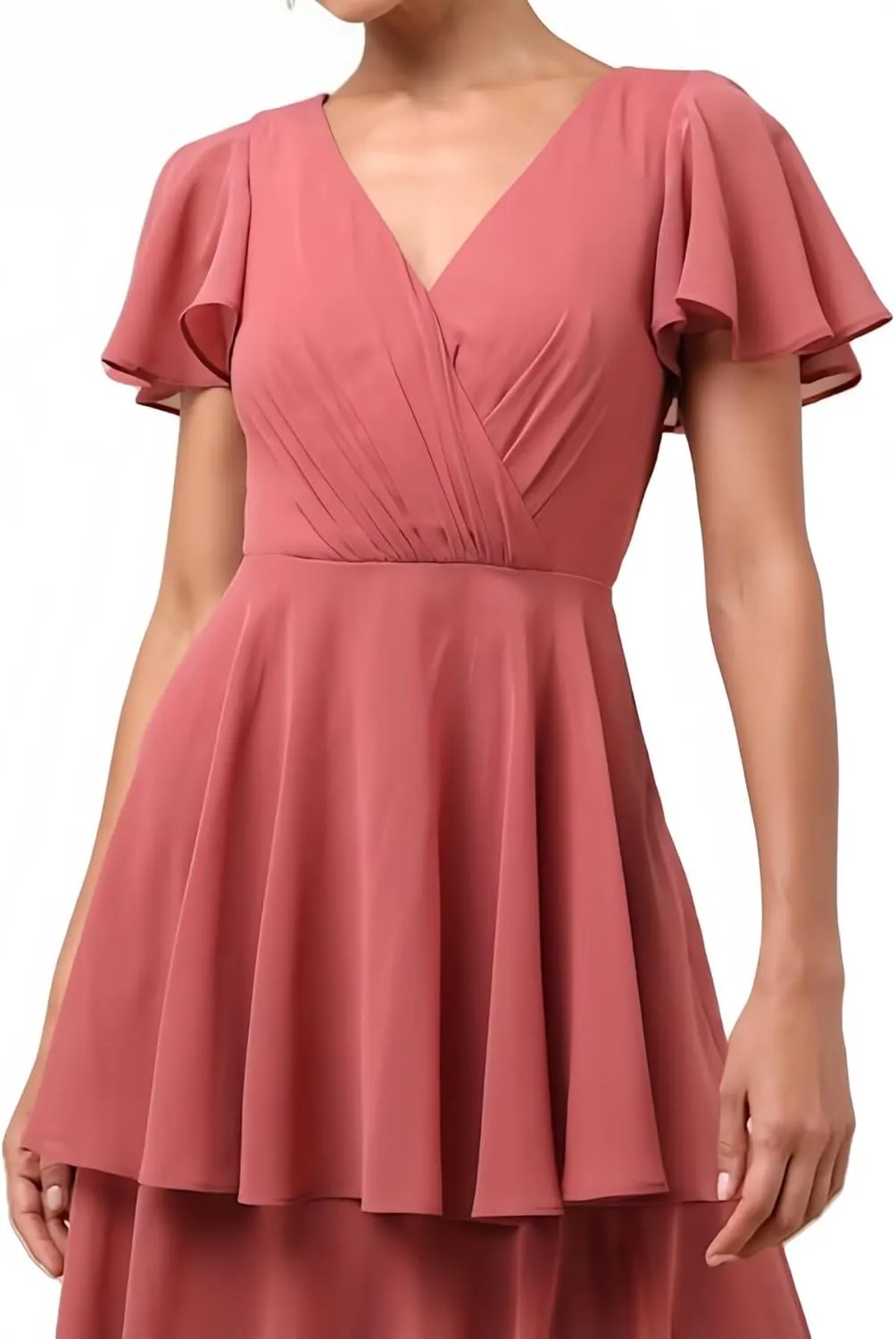V Neck Flutter Sleeves Bridesmaid Dresses with Ruffle Tiered Chiffon A Line Long Formal Evening Dress for Women