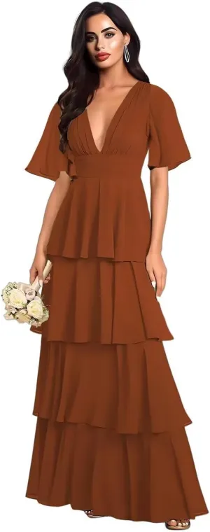 V Neck Flutter Sleeves Bridesmaid Dresses with Ruffle Tiered Chiffon A Line Long Formal Evening Dress for Women