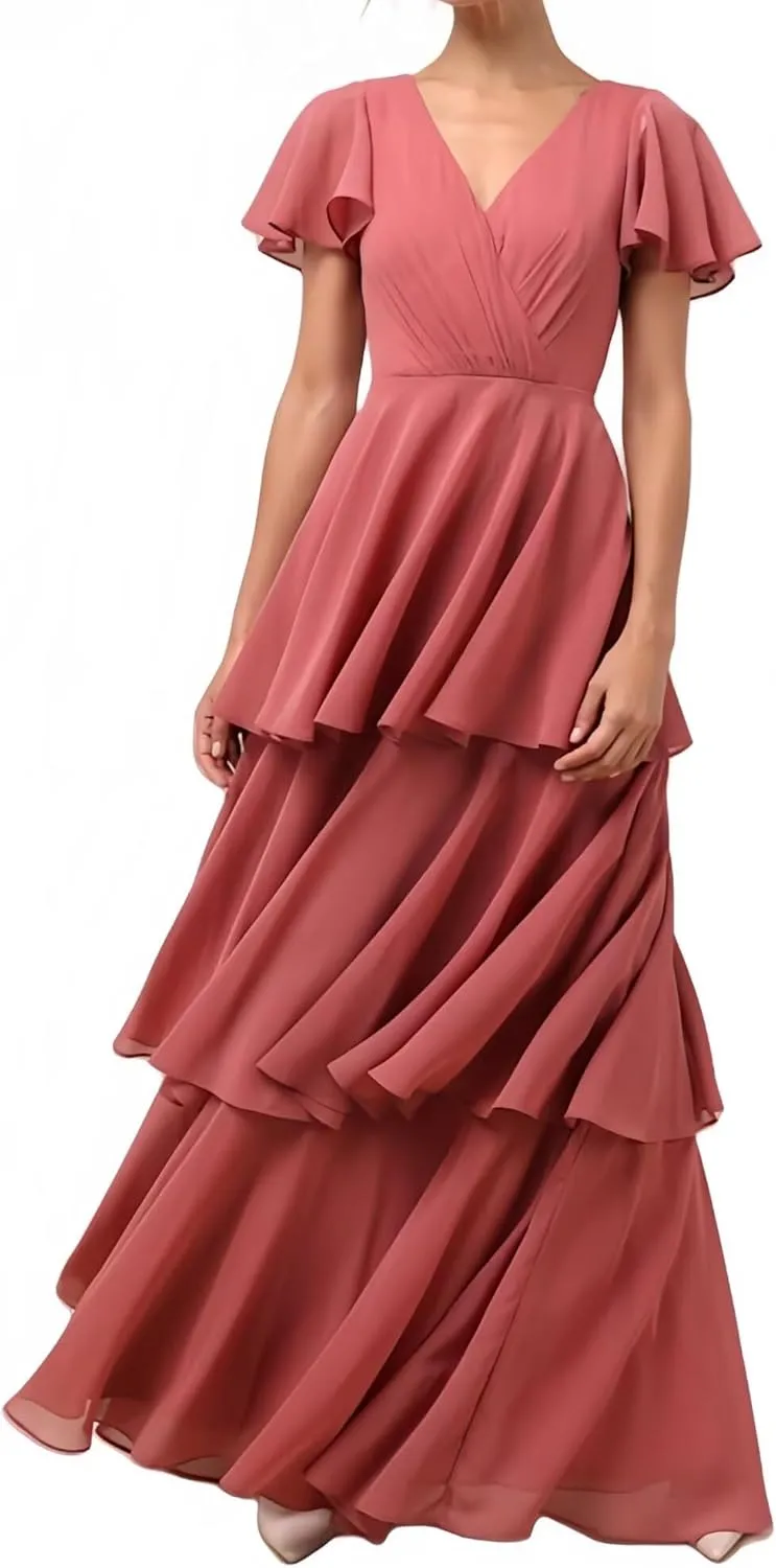 V Neck Flutter Sleeves Bridesmaid Dresses with Ruffle Tiered Chiffon A Line Long Formal Evening Dress for Women