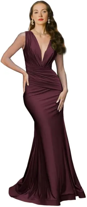 V Neck Mermaid Bridesmaid Dresses Bodycon Satin Prom Dresses Wedding Formal Evening Party Gowns for Women