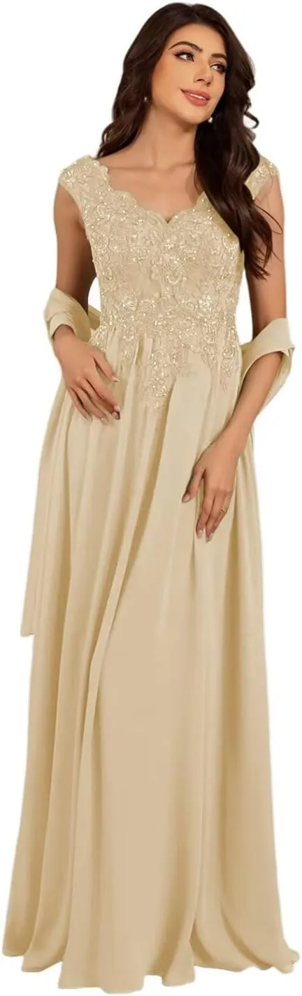 V Neck Mother of The Bride Dresses 2025 Lace Appliques A Line Long Formal Gowns XOD0480