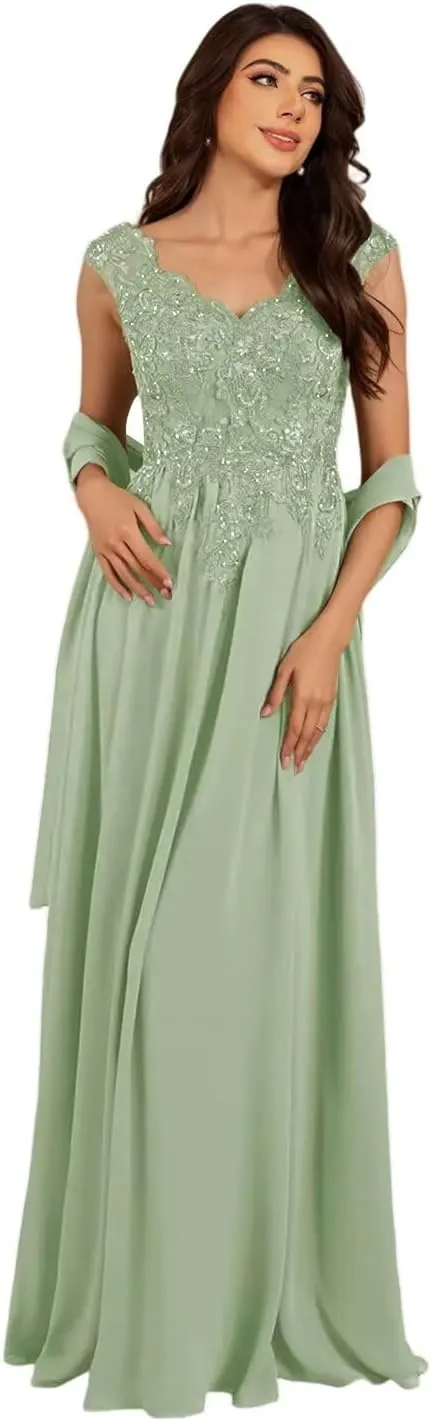 V Neck Mother of The Bride Dresses 2025 Lace Appliques A Line Long Formal Gowns XOD0480