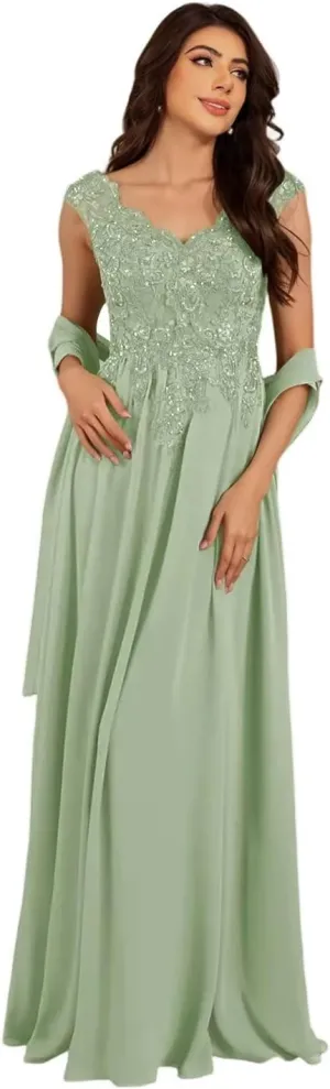 V Neck Mother of The Bride Dresses 2025 Lace Appliques A Line Long Formal Gowns XOD0480