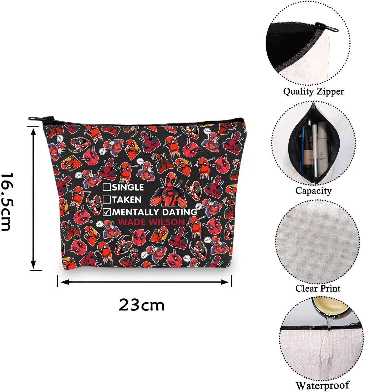 VAMSII Antihero Theme Gift Dead-Pool Inspirational Zipper Pouch Makeup Bag For Women Friend (BLK-WADE WLSON)