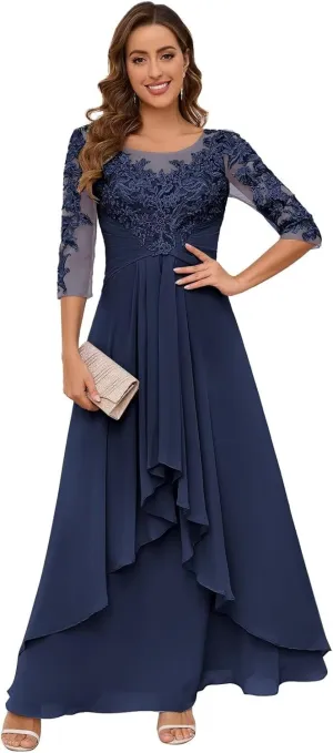 VCCICANY 3/4 Sleeves Lace Appliques Mother of The Bride Dresses for Wedding Chiffon Pleated Long Formal Evening Gowns
