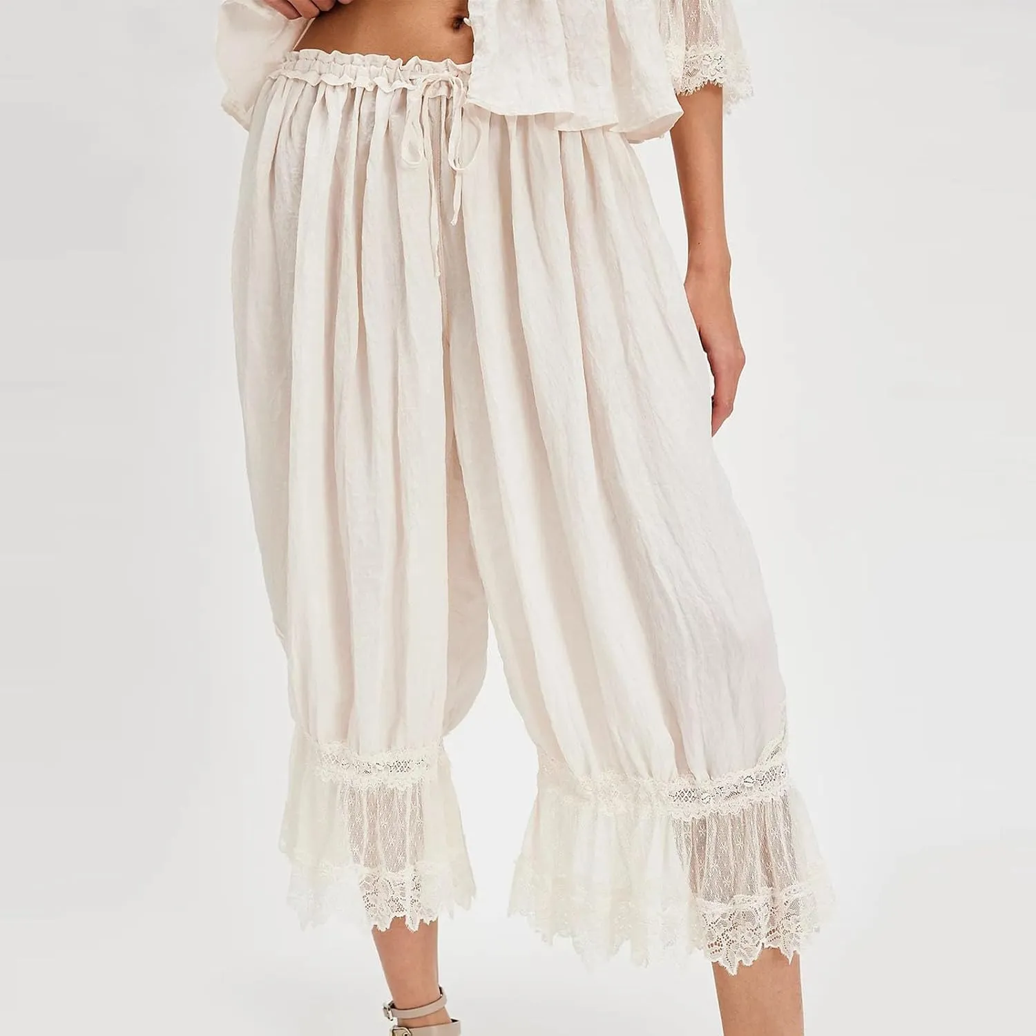 Vintage Lace Hem Pajama Pants for Women Victorian Elastic Low Rise Bloomers Pjs Bottom Cute Pleated Y2k Sleepwear Capri Pant