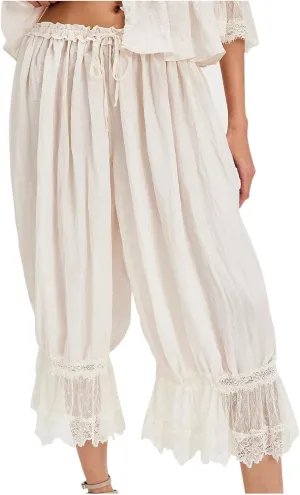 Vintage Lace Hem Pajama Pants for Women Victorian Elastic Low Rise Bloomers Pjs Bottom Cute Pleated Y2k Sleepwear Capri Pant