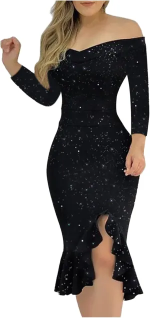 Wedding Guest Dresses for Women Sexy One Shoulder Sequin Smocked Formal Dress Sleeveless Side Slit Evening Party Dress