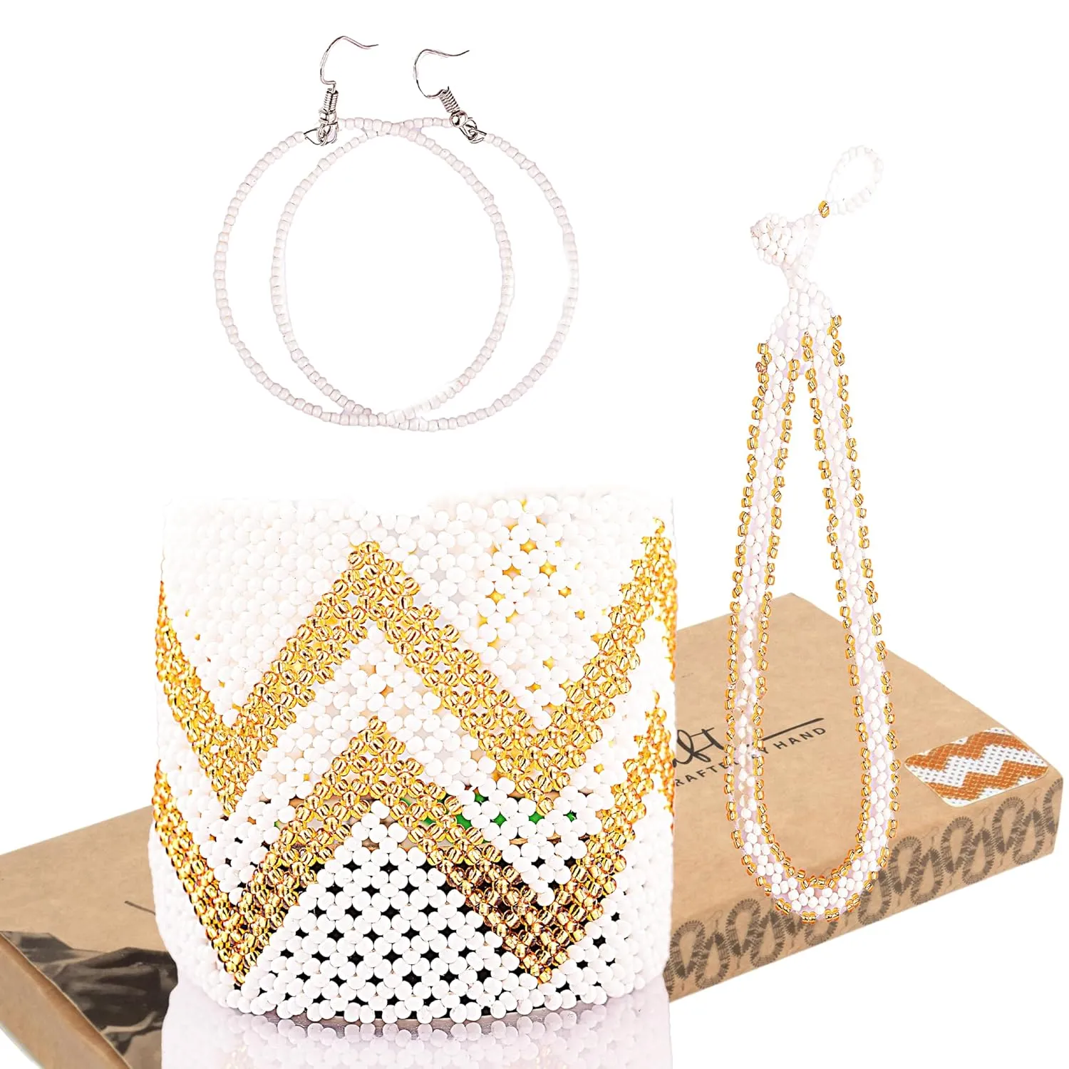 White and Gold African Jewelry Set For Women - Handmade String Bracelet, Anklet & Hoop Earrings  Durable Boho Design