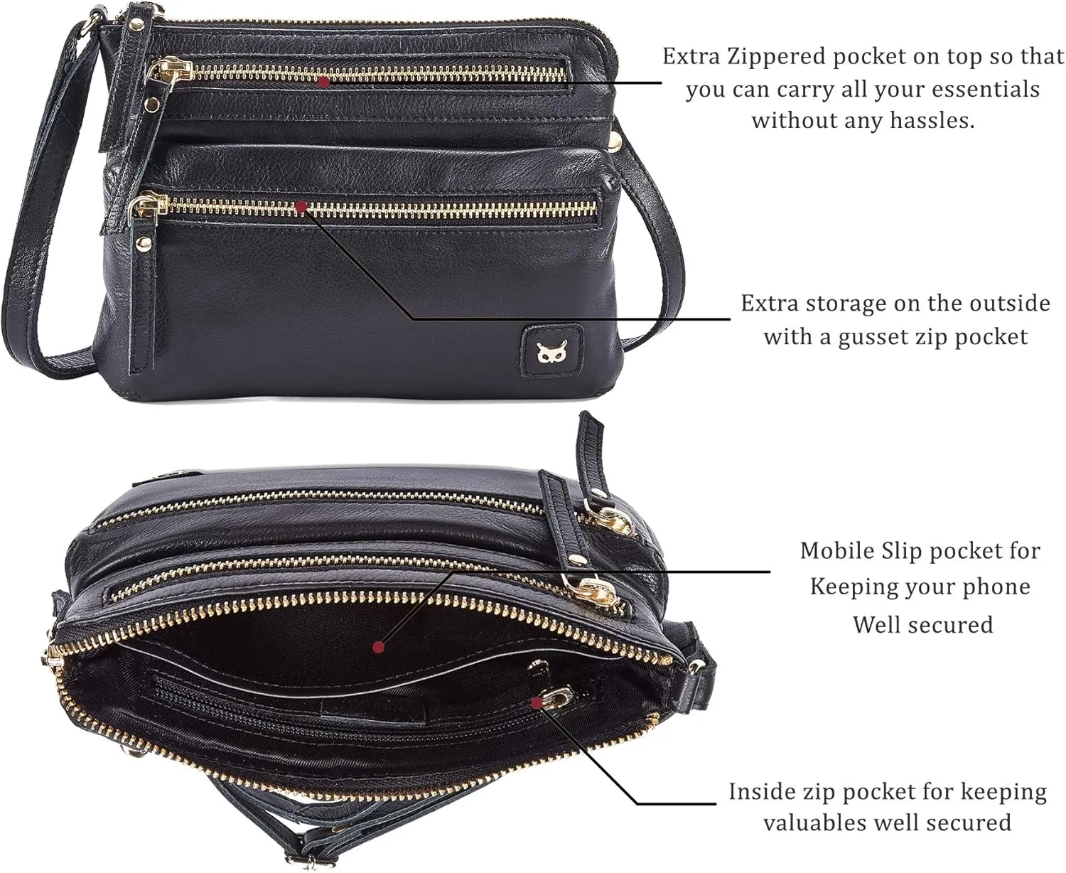 Wise Owl Accessories Small Crossbody Sling Bag Real Leather Purse for Women Crossover Trendy Shoulder Handbag