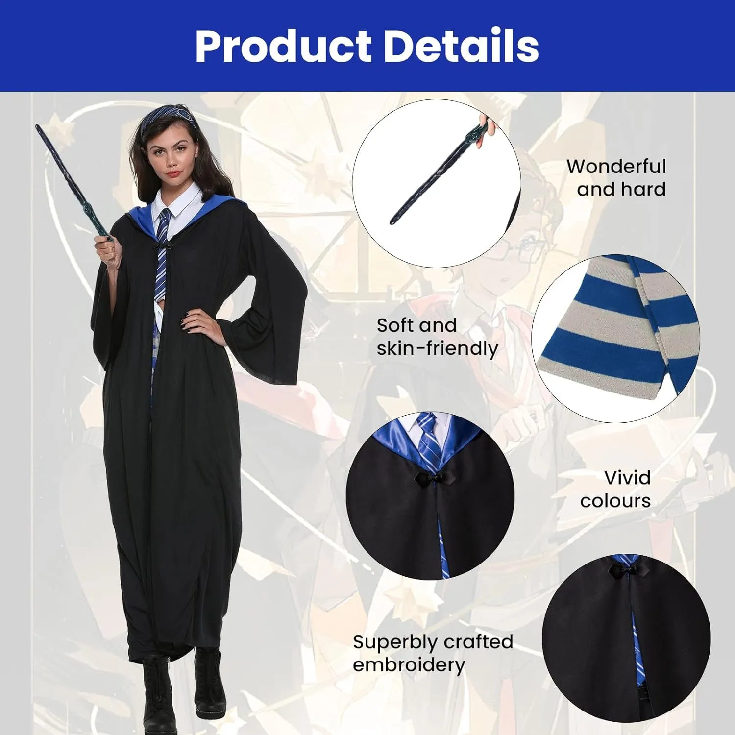 Wizard Costume Cosplay Set, Wizard Cloak Robe for Adults Teens, Wizarding Halloween Costume Accessories for Party
