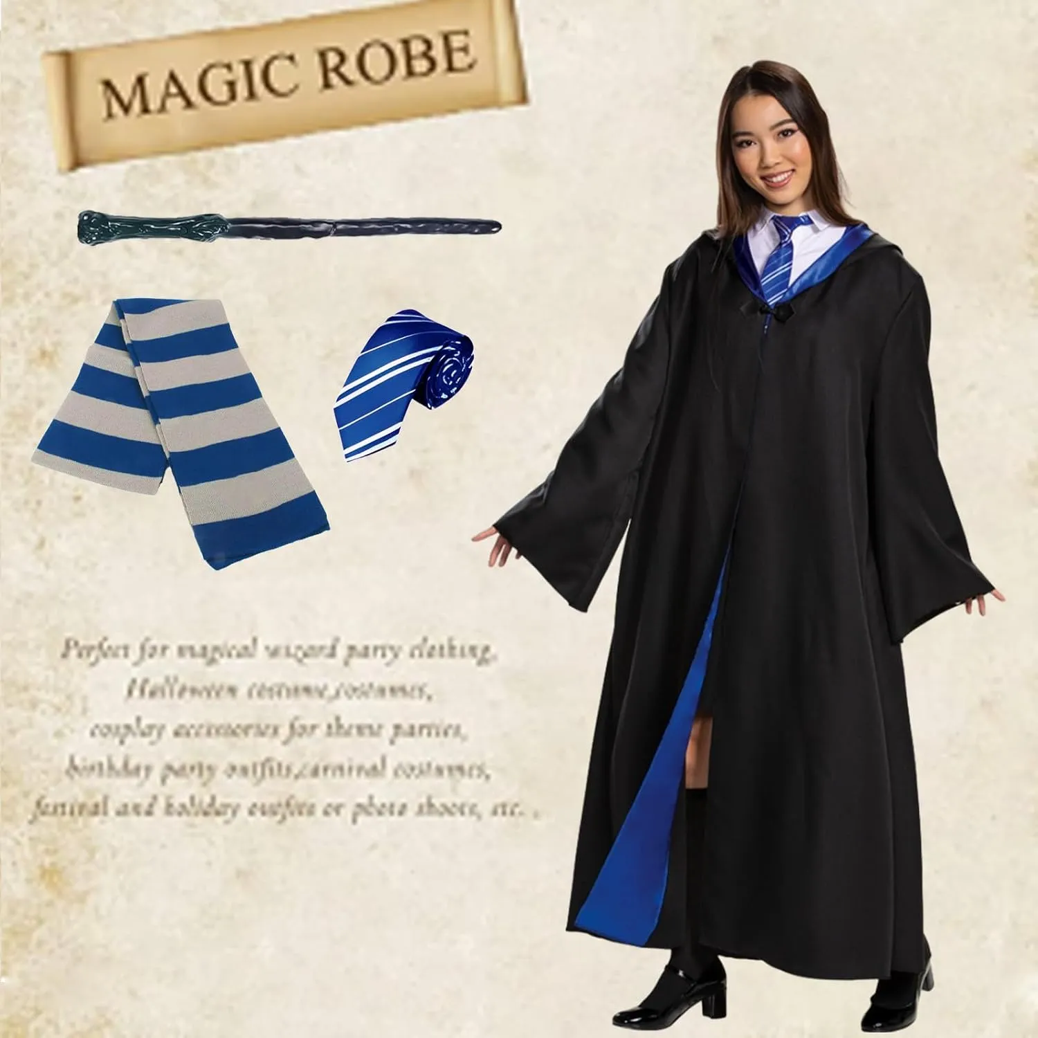 Wizard Costume Cosplay Set, Wizard Cloak Robe for Adults Teens, Wizarding Halloween Costume Accessories for Party