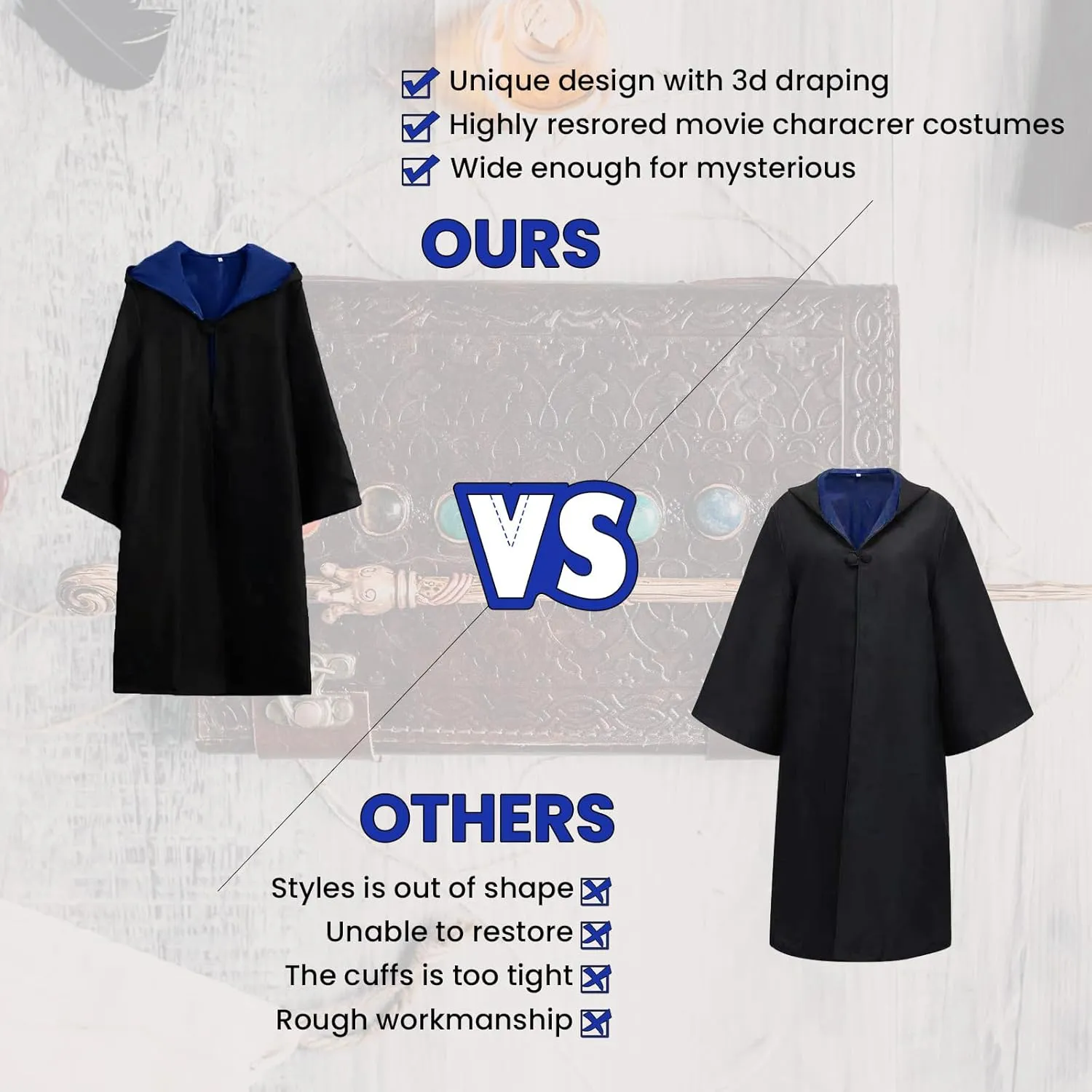 Wizard Costume Cosplay Set, Wizard Cloak Robe for Adults Teens, Wizarding Halloween Costume Accessories for Party