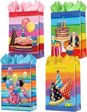 WLUSEAXI 4Pack Large Birthday Gift Bag, Happy Birthday Bag with Tissue Paper, Rainbow Color Birthday Bags for Kids Girls BoysBirthdays Party (Sizes 12.610.23.9)