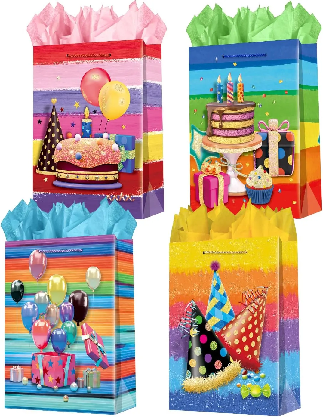 WLUSEAXI 4Pack Large Birthday Gift Bag, Happy Birthday Bag with Tissue Paper, Rainbow Color Birthday Bags for Kids Girls BoysBirthdays Party (Sizes 12.610.23.9)