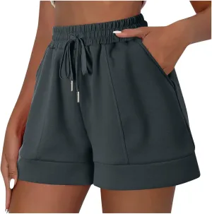 Women Athletic Shorts Casual Solid Stretchy High Waisted Fitness Short Gym Workout Running Shorts with Pockets