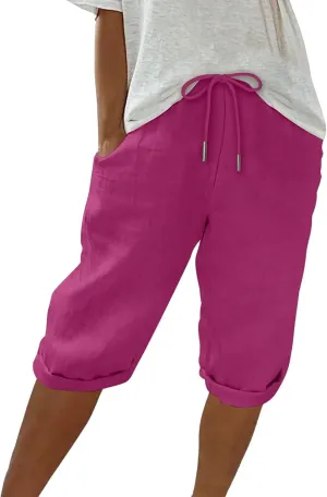 Women Cotton Linen Shorts Summer Knee Length Shorts High Waisted Bermuda Beach Capris Lounge Short Pant with Pocket