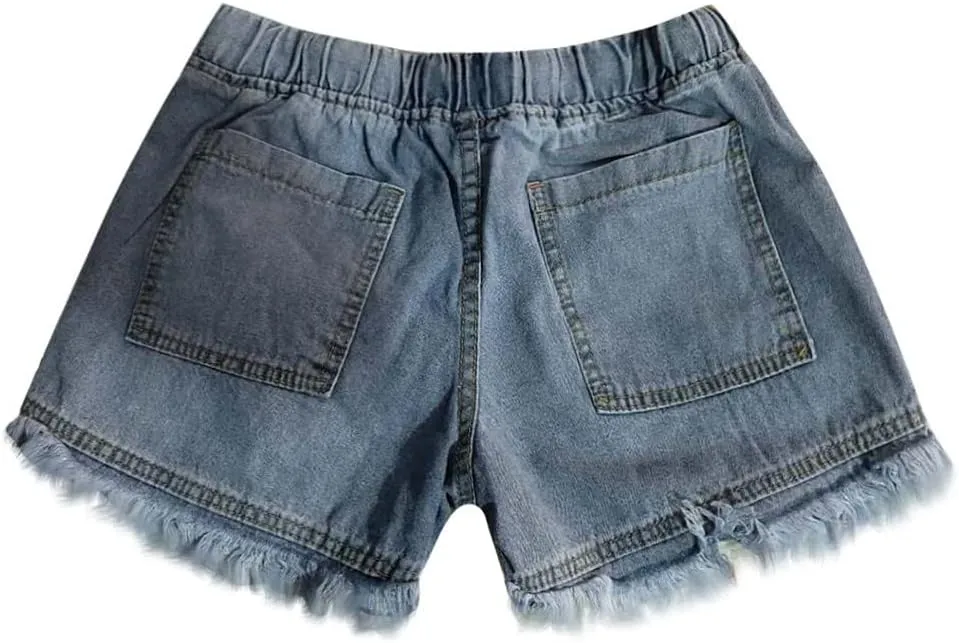 Women Denim Shorts 3 Inch Inseam Casual Summer Elastic High Waisted Jeans Frayed Raw Hem Jean Shorts with Pockets