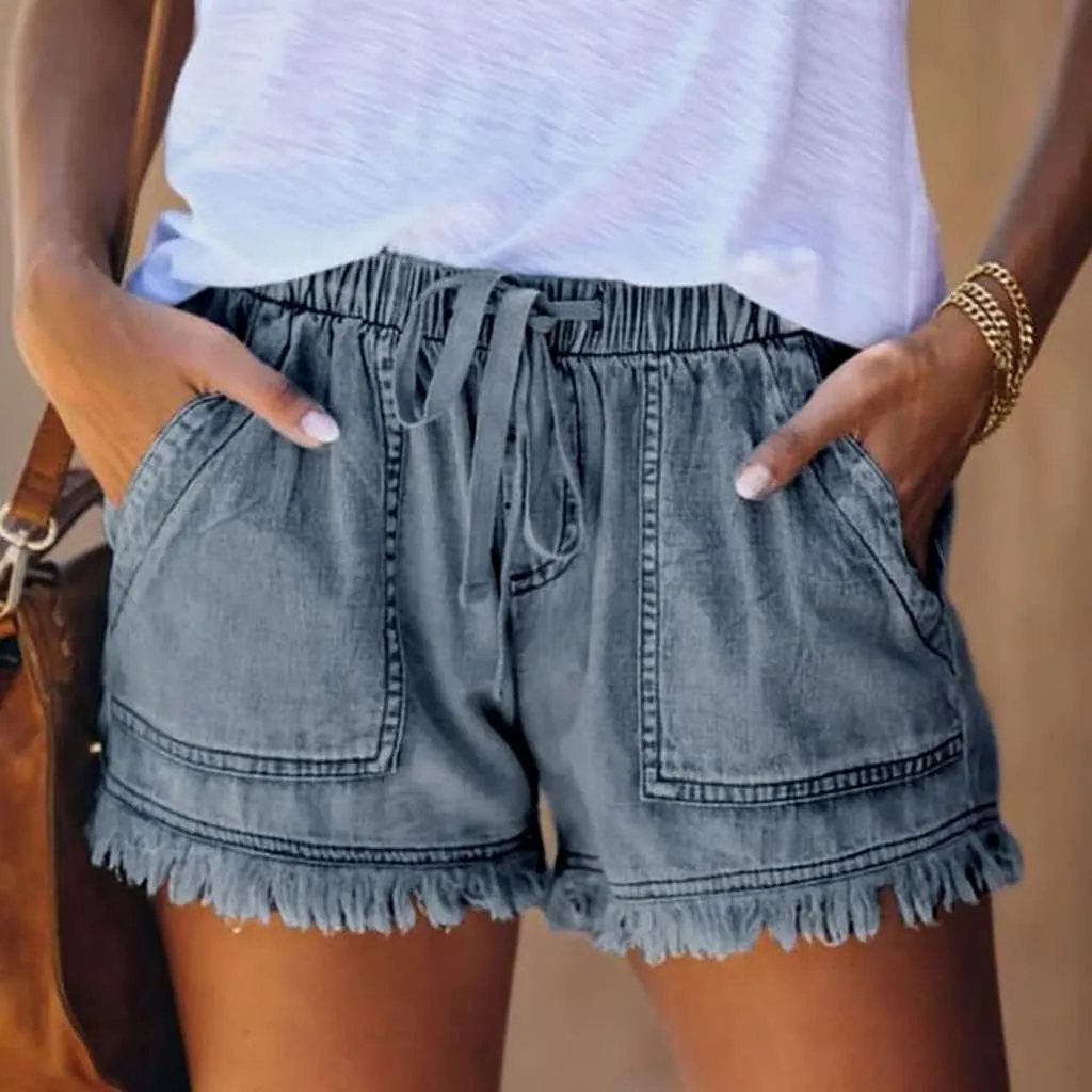Women Denim Shorts 3 Inch Inseam Casual Summer Elastic High Waisted Jeans Frayed Raw Hem Jean Shorts with Pockets