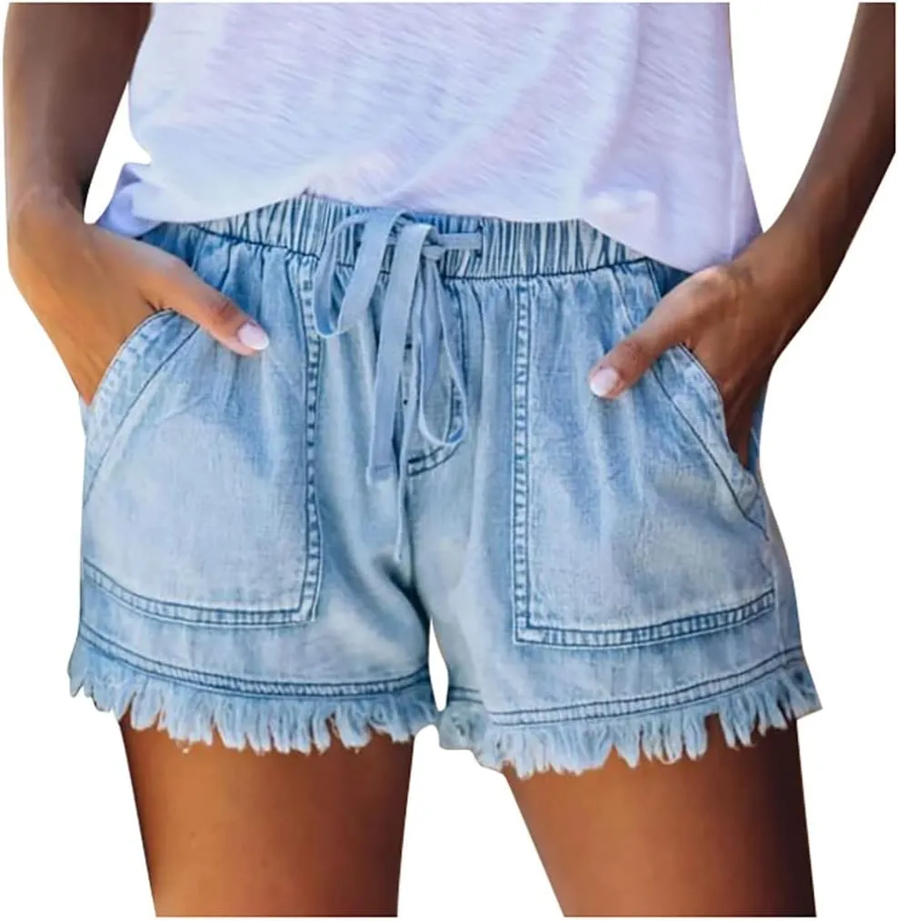 Women Denim Shorts 3 Inch Inseam Casual Summer Elastic High Waisted Jeans Frayed Raw Hem Jean Shorts with Pockets
