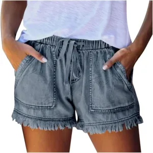 Women Denim Shorts 3 Inch Inseam Casual Summer Elastic High Waisted Jeans Frayed Raw Hem Jean Shorts with Pockets