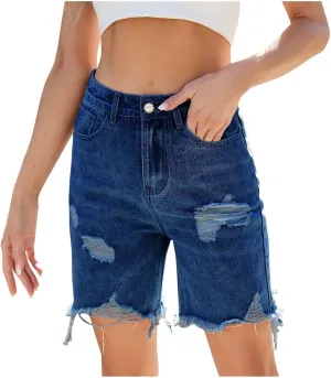 Women Distressed Ripped Jeans Shorts High Waisted Denim Y2K Hip-Hop Summer Frayed Raw Hem Bermuda Short Pants Streetwear