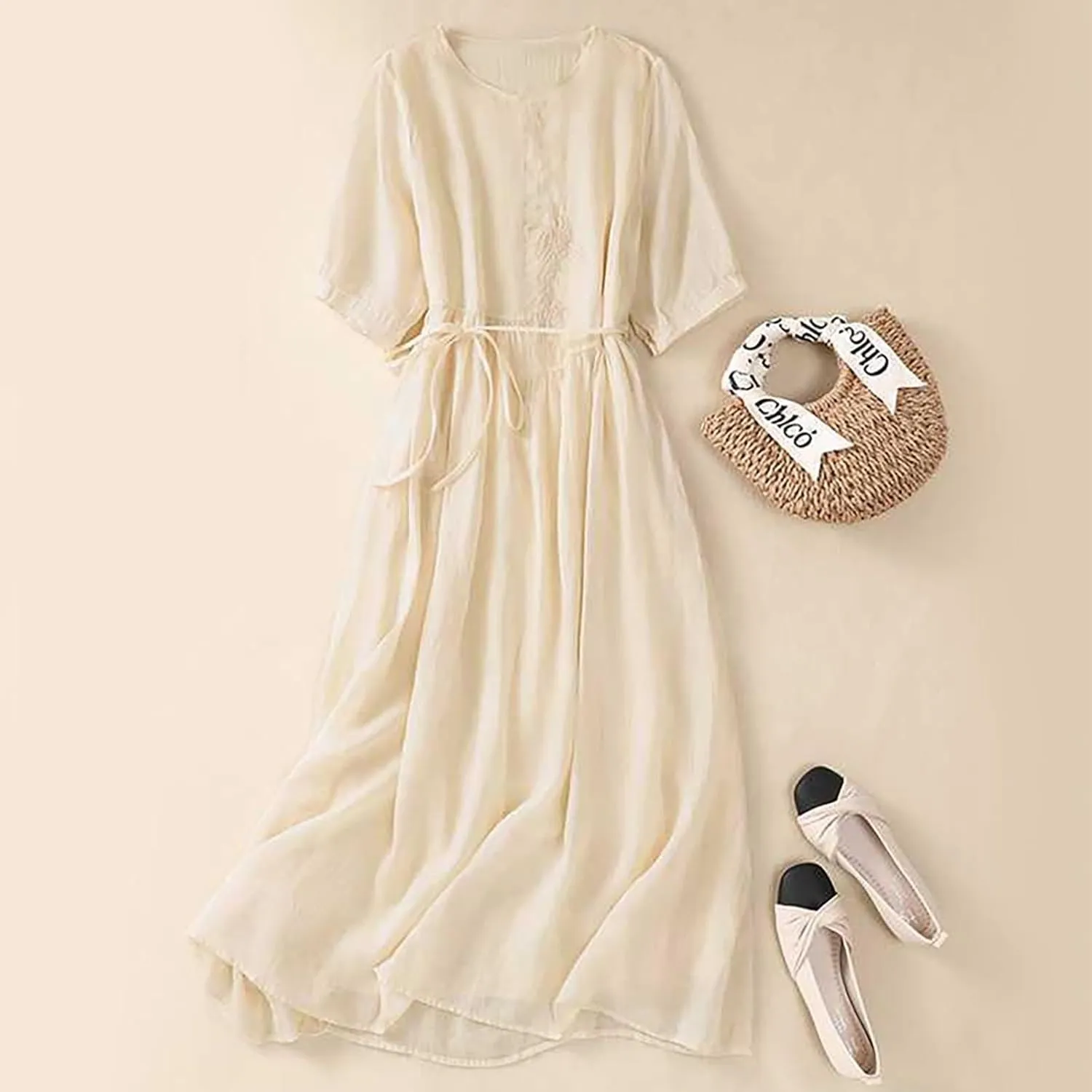 Women Embroidered Dress 3/4 Sleeve Summer Cotton Linen Dress Casual Plus Size Maxi Dress Trendy Summer Beach Clothes