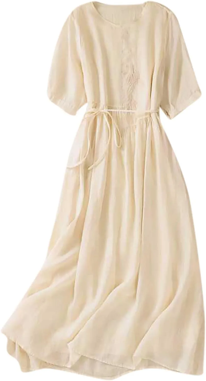 Women Embroidered Dress 3/4 Sleeve Summer Cotton Linen Dress Casual Plus Size Maxi Dress Trendy Summer Beach Clothes