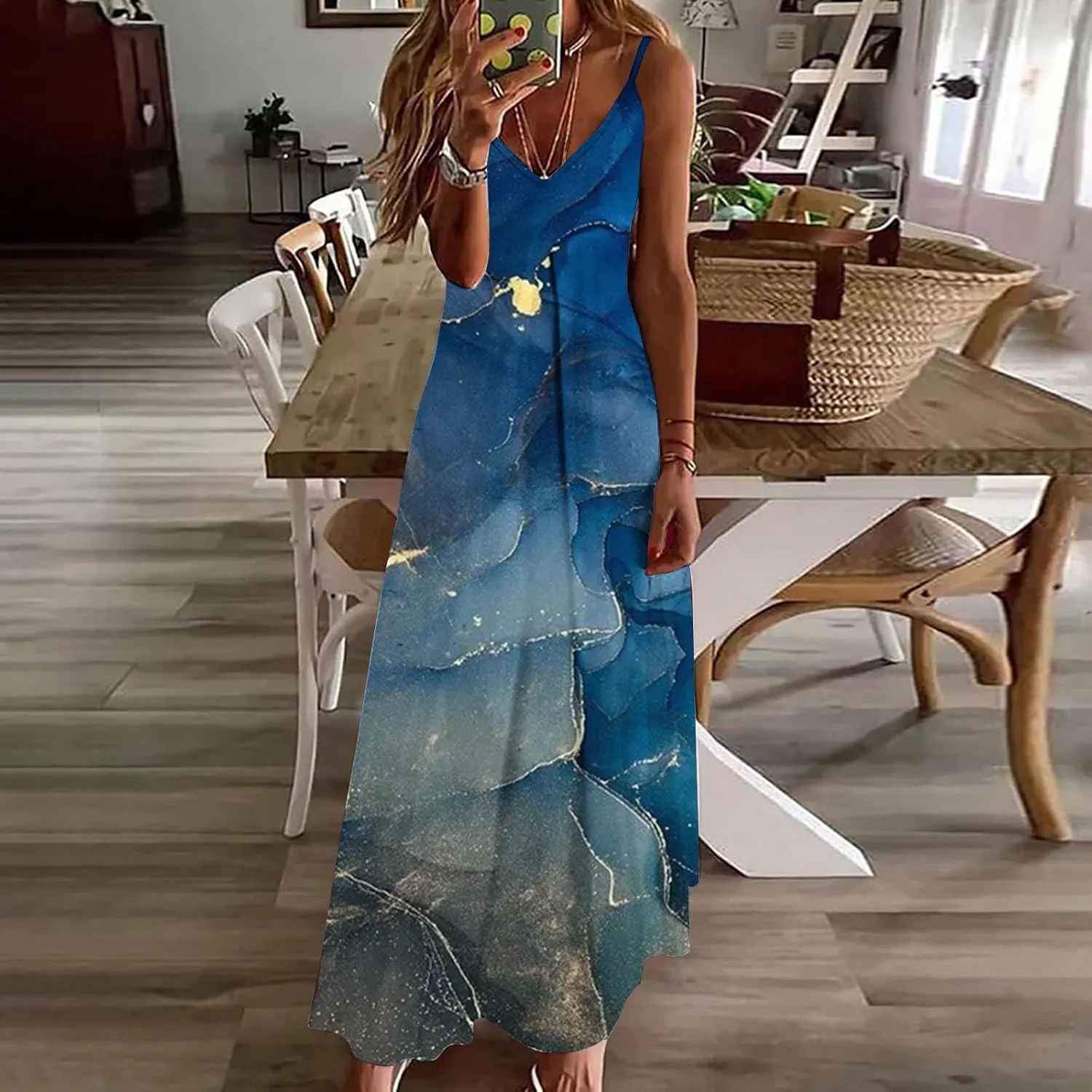 Women Plus Size Sling Dress Summer Boho Printed V Neck Sexy Casual Long Maxi Dress Loose Flowy Swing Dresses