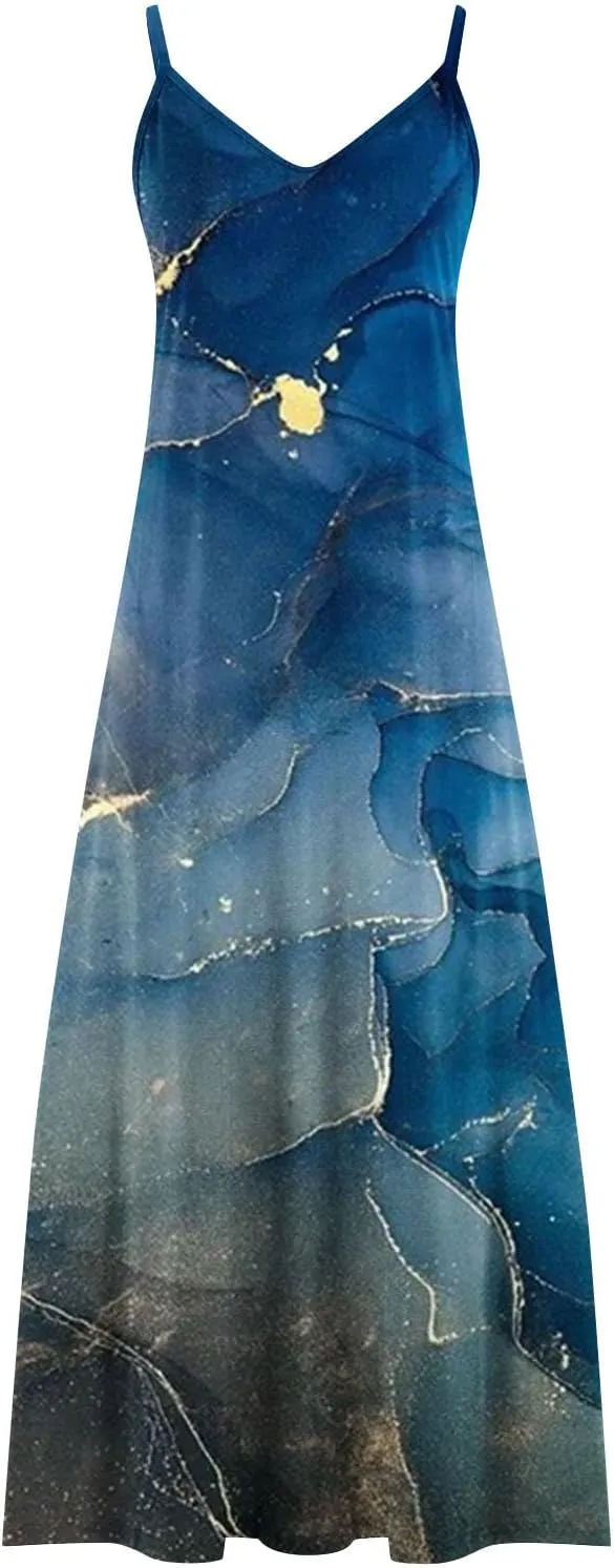 Women Plus Size Sling Dress Summer Boho Printed V Neck Sexy Casual Long Maxi Dress Loose Flowy Swing Dresses