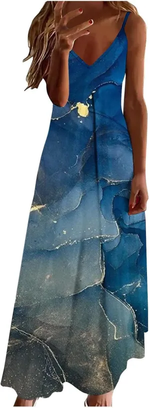 Women Plus Size Sling Dress Summer Boho Printed V Neck Sexy Casual Long Maxi Dress Loose Flowy Swing Dresses