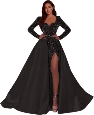 Women Sequin Long Prom Dresses 2025 with Slit Long Sleeve Formal Evening Ball Gown with Detachable Train RO024