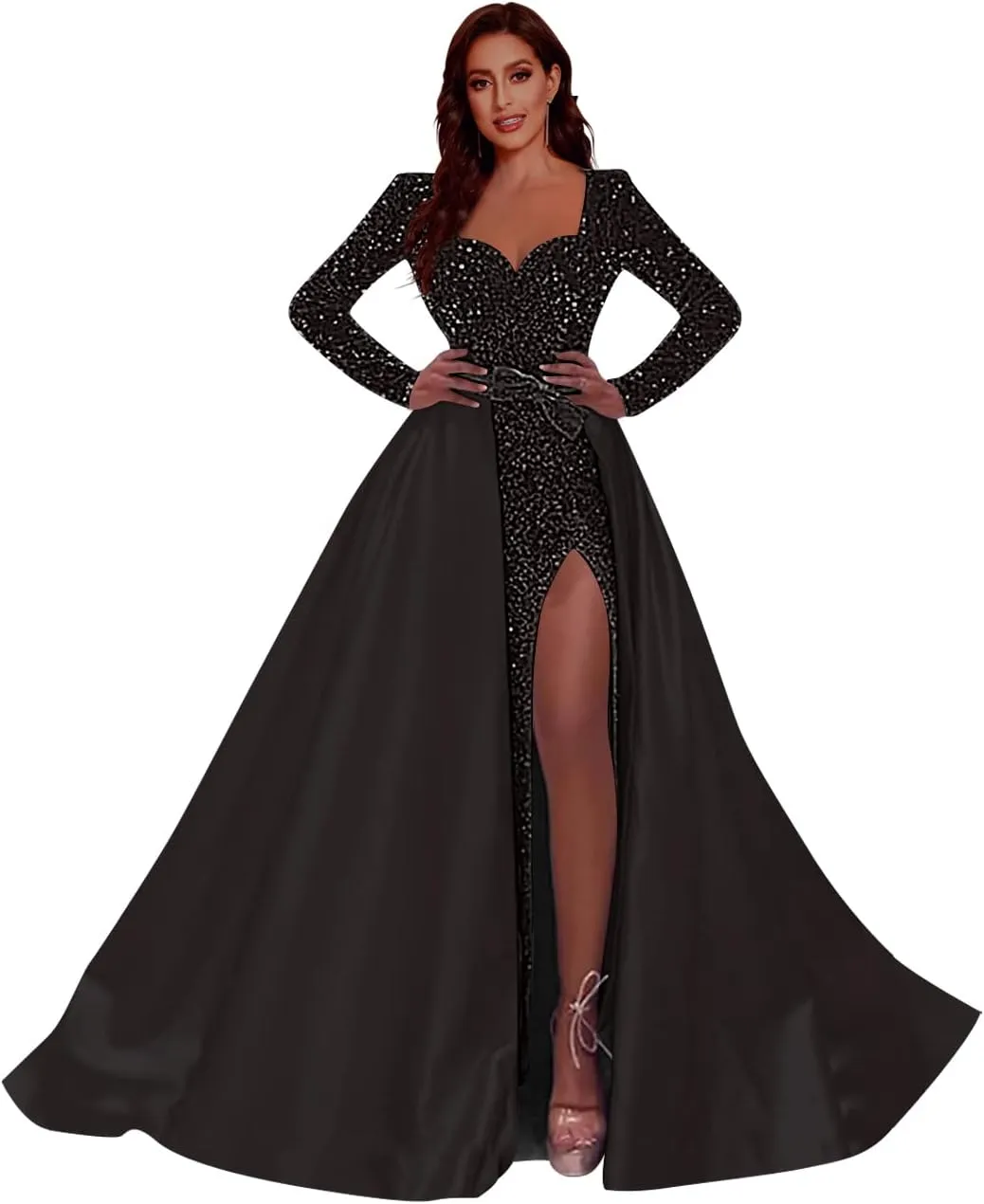 Women Sequin Long Prom Dresses 2025 with Slit Long Sleeve Formal Evening Ball Gown with Detachable Train RO024