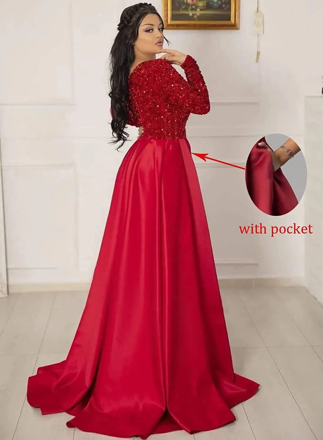 Women Sequin Long Prom Dresses 2025 with Slit Long Sleeve Formal Evening Ball Gown with Detachable Train RO024