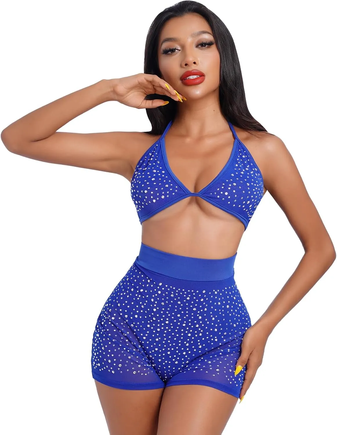 Women Sparkle Rhinestone Mesh Sheer Bikini Sets Halter Bra Top High Waist Shorts Bottom Swimsuits Rave Outfit