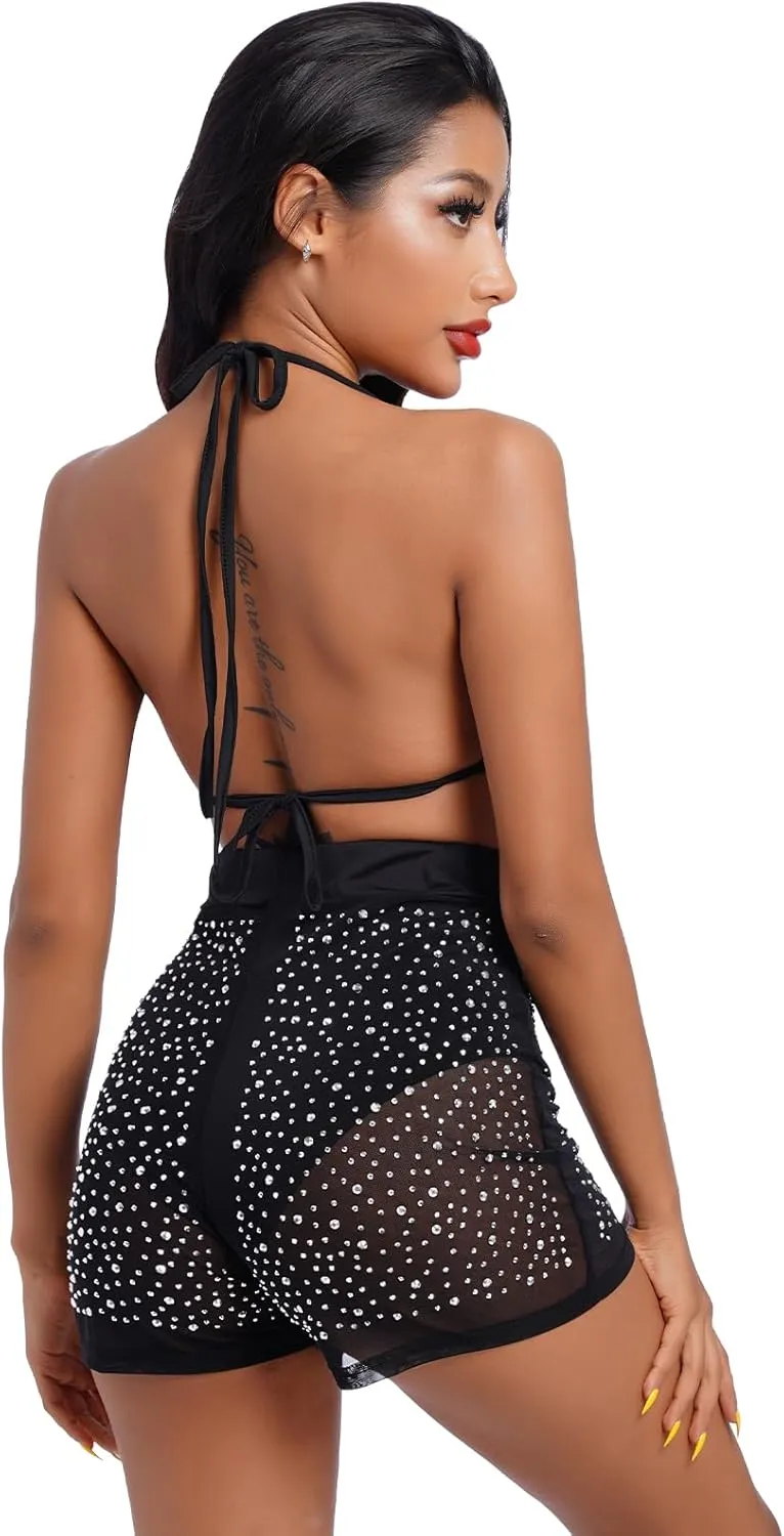 Women Sparkle Rhinestone Mesh Sheer Bikini Sets Halter Bra Top High Waist Shorts Bottom Swimsuits Rave Outfit