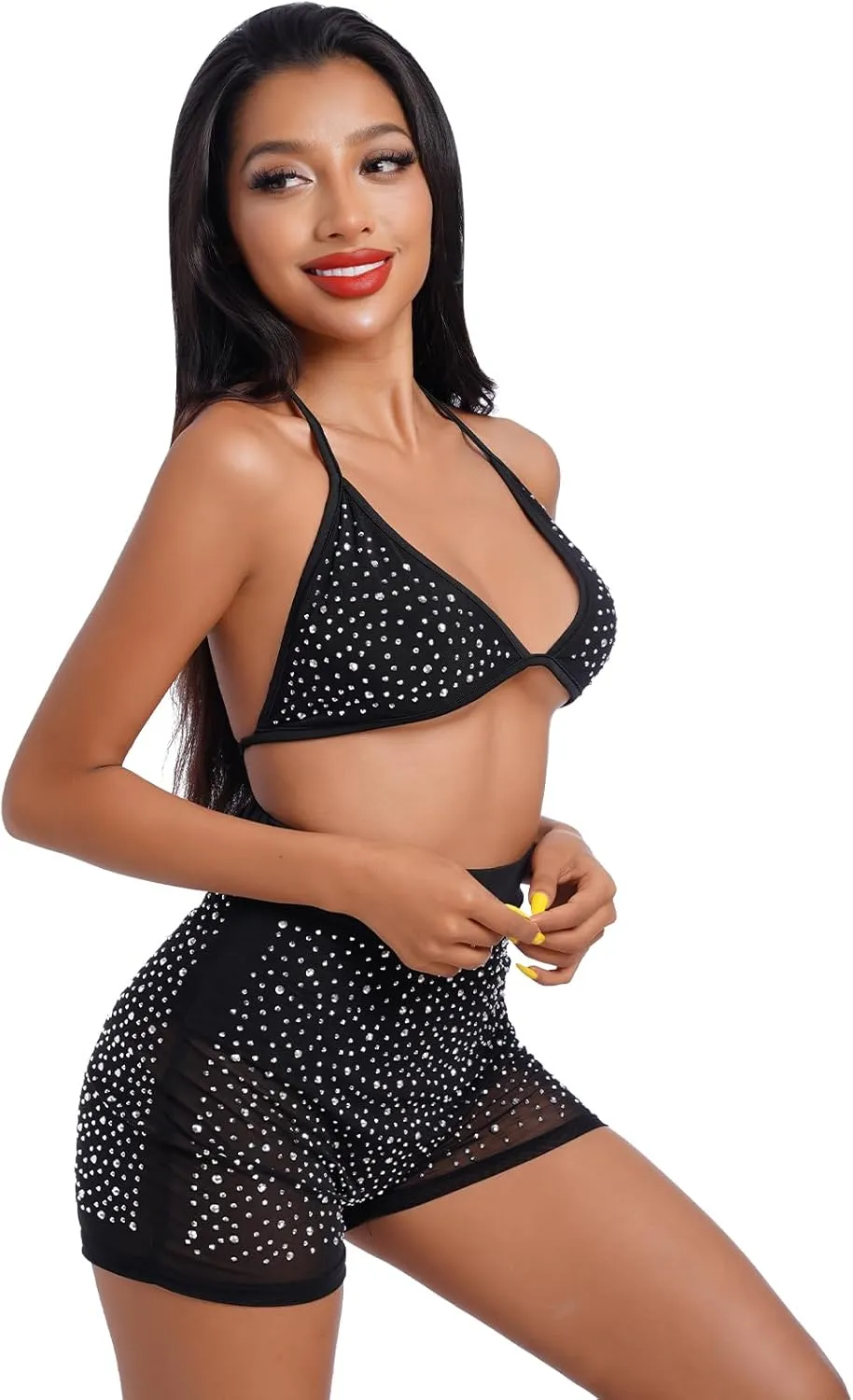 Women Sparkle Rhinestone Mesh Sheer Bikini Sets Halter Bra Top High Waist Shorts Bottom Swimsuits Rave Outfit
