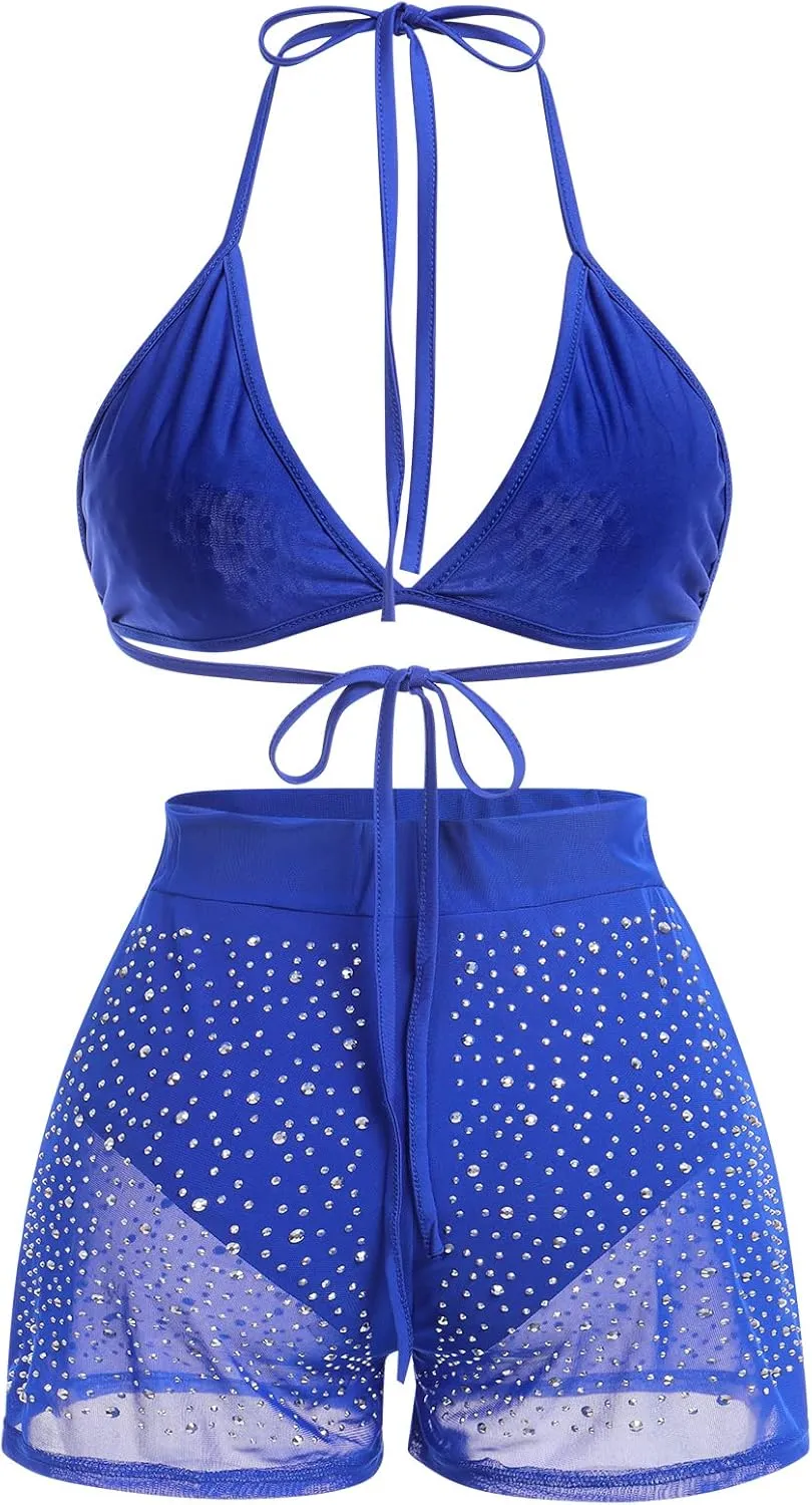 Women Sparkle Rhinestone Mesh Sheer Bikini Sets Halter Bra Top High Waist Shorts Bottom Swimsuits Rave Outfit
