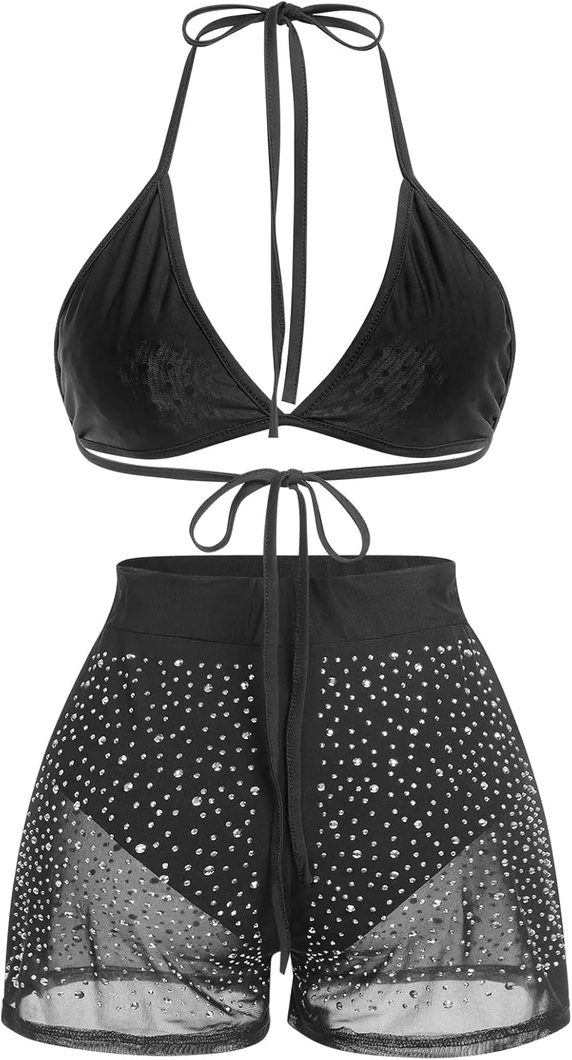 Women Sparkle Rhinestone Mesh Sheer Bikini Sets Halter Bra Top High Waist Shorts Bottom Swimsuits Rave Outfit