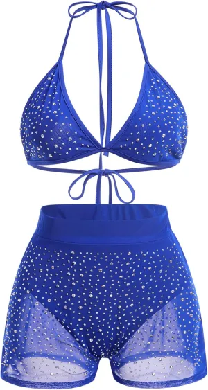 Women Sparkle Rhinestone Mesh Sheer Bikini Sets Halter Bra Top High Waist Shorts Bottom Swimsuits Rave Outfit